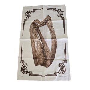 Vintage Fingal Tea Towel Cream Brown Irish Linen Harp Celtic Knot Ireland 18x30